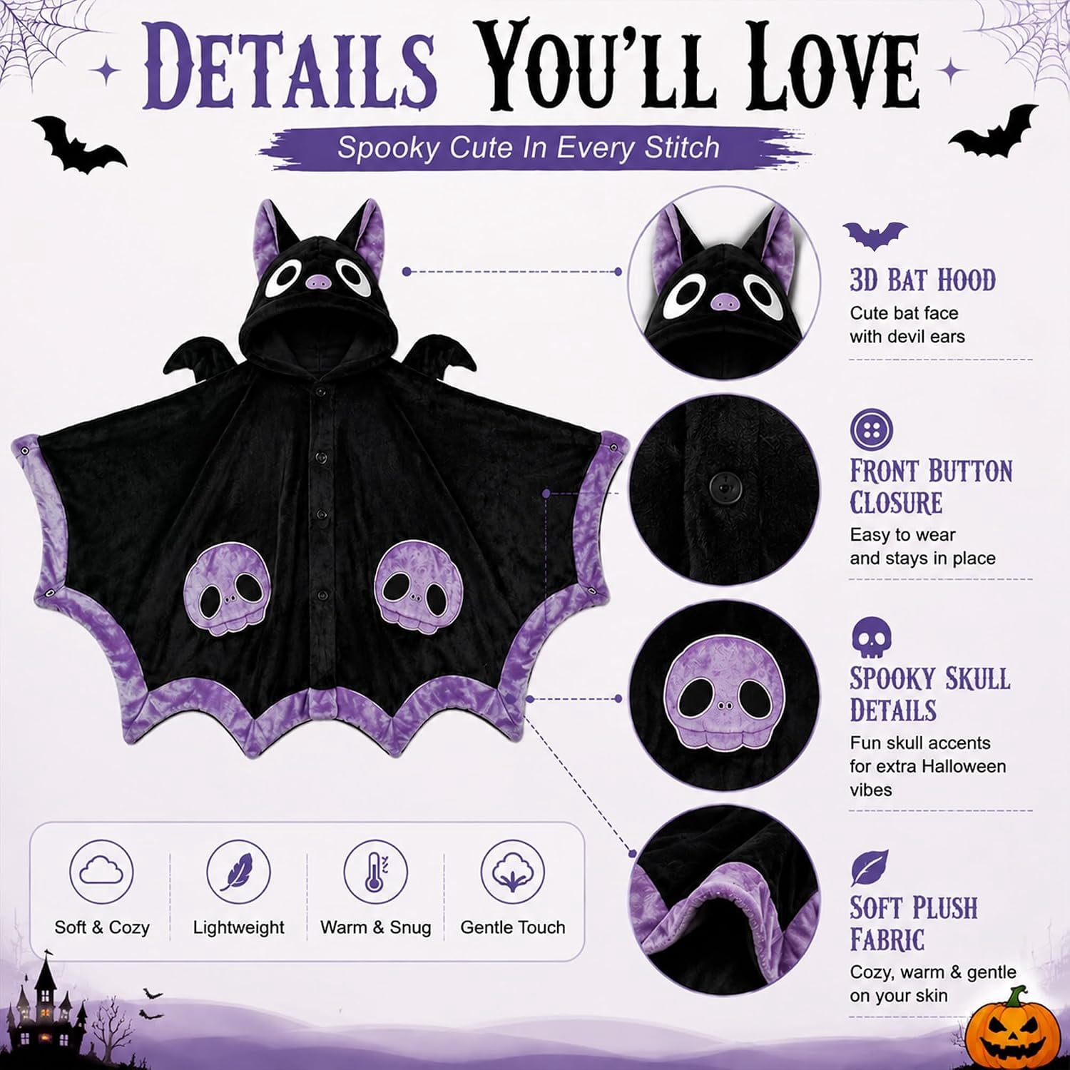 Bat Blanket Hoodie, Halloween Wearable Blanket with Hood | Soft Cozy Oversized Halloween Snuggie for Adults and Teens, for Cosplay, Parties, Lounging and Gifts