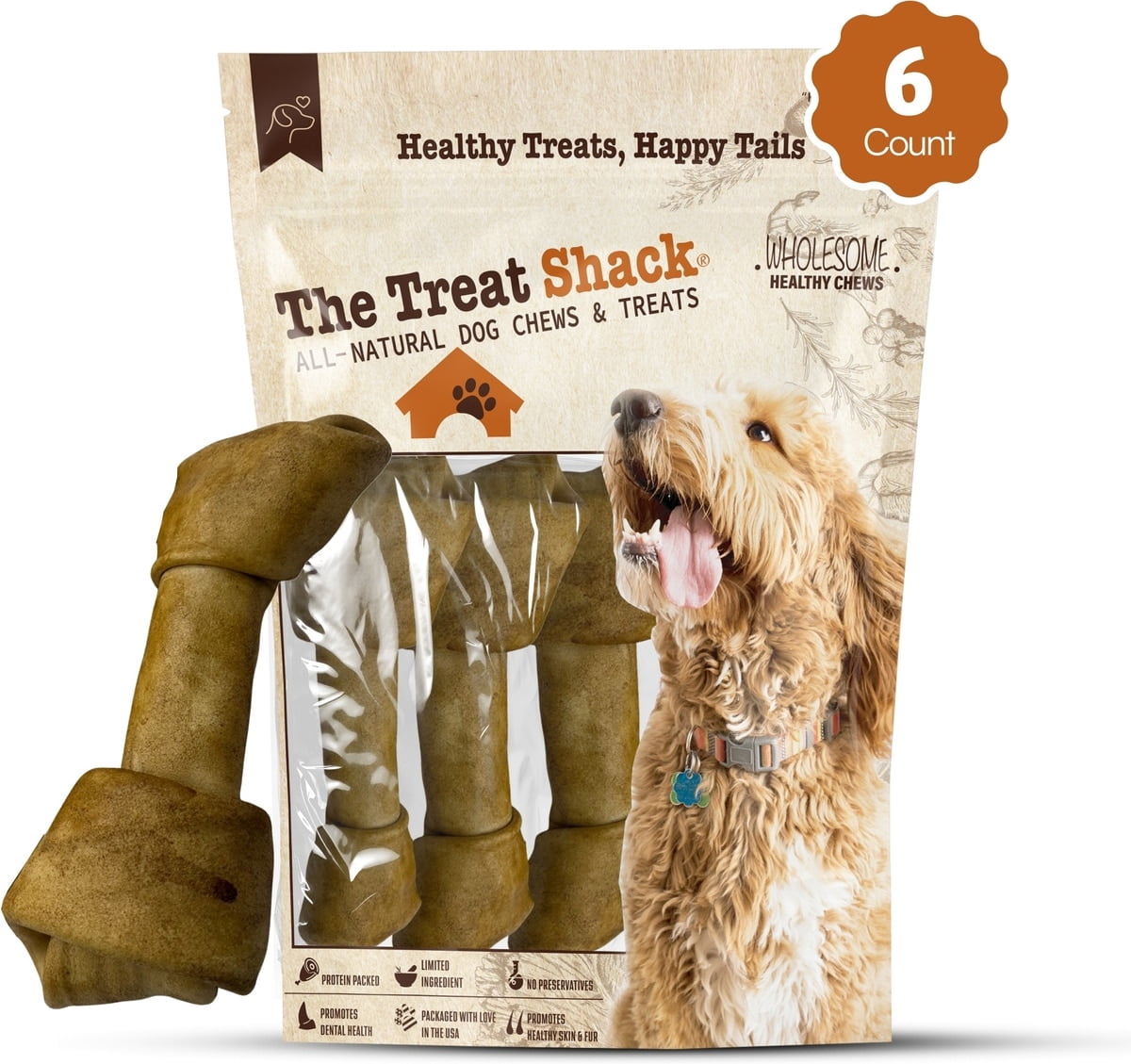 Knotted 8 to 9-in Peanut Butter Flavor Rawhide Bone Dog Treats, 6 CT