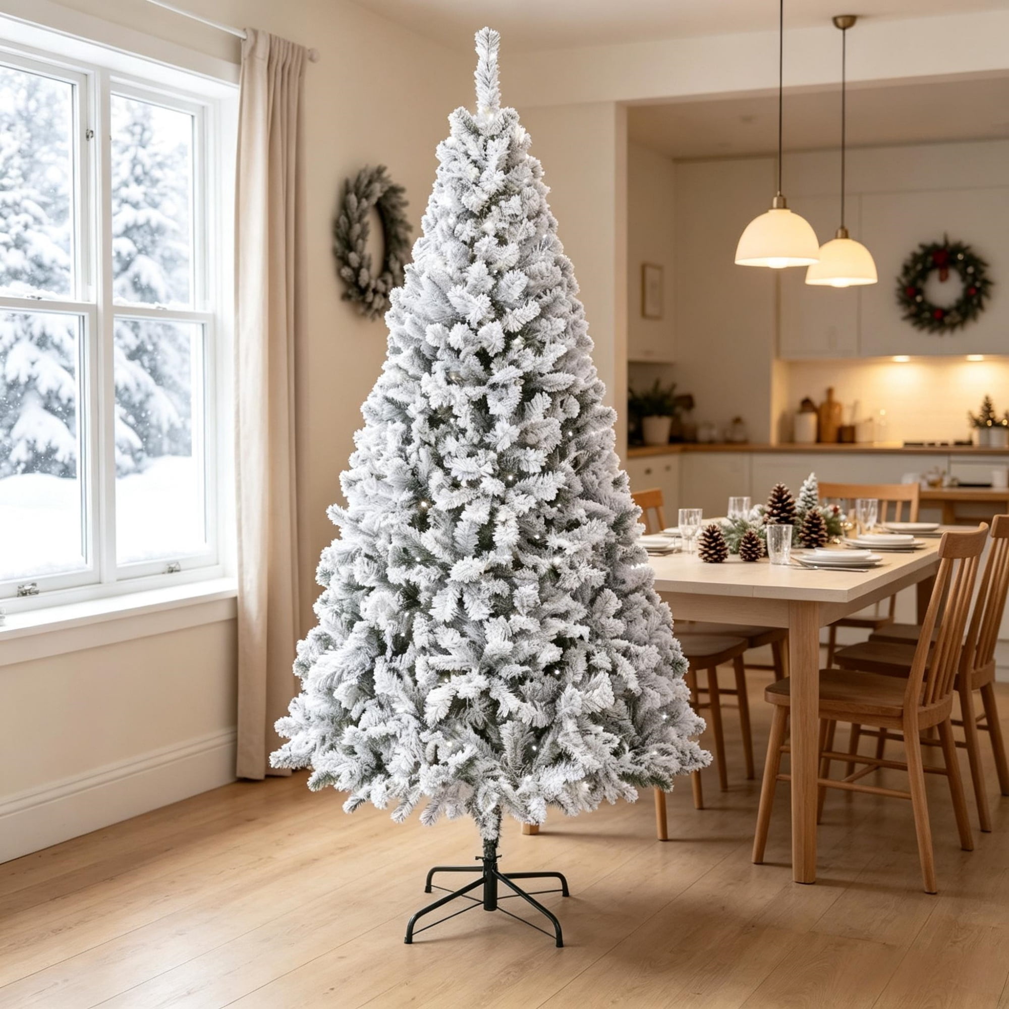 6 ft Pre-Lit Flocked Christmas Tree with Warm White Lights, Hinged Branches and Foldable Metal Stand
