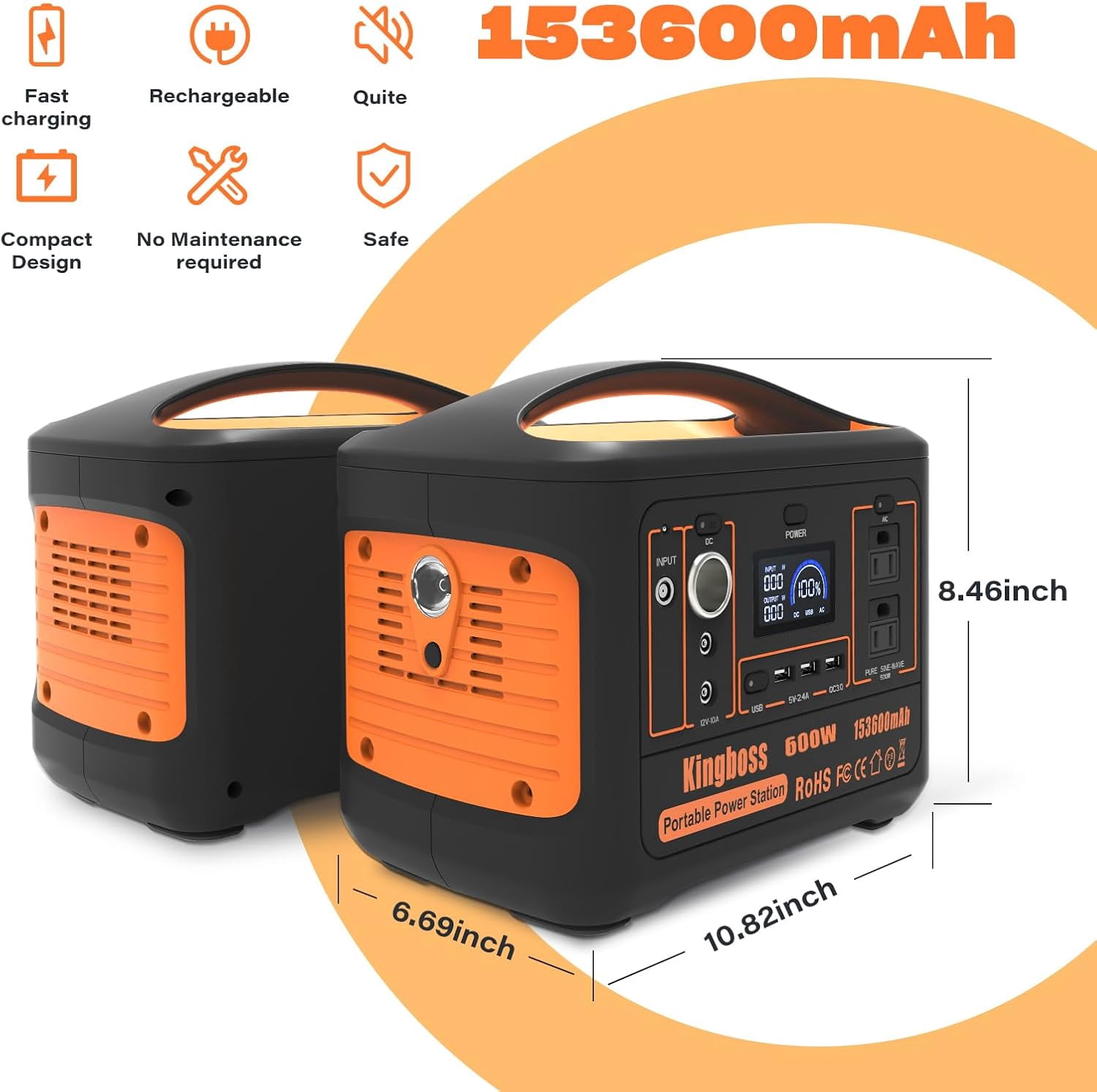 Portable Power Station 600W (Peak 1200W) 568Wh 153600mAh Lithium Battery 110V/600W, AC Outlet Portable Solar Generator for Home Use Outdoor Power Bank Backup, RV, Travel