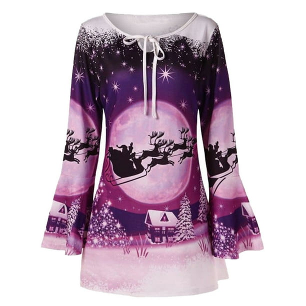 Mujer Tallas grandes Manga larga Casual O-cuello Navidad Impreso Mangas acampanadas Cordón Camiseta Jersey Blusa Pompotops gfhjh15094