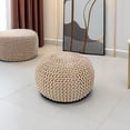 thumbnail image 5 of Round Pouf Ottoman - Hand Knitted Cable Boho Poof Home Décor Pouffe Circular Footrest for Living Room - Nursery - Bedroom - Lounge 100% Cotton (18”x18”x14”) - Beige Ivory, 5 of 21