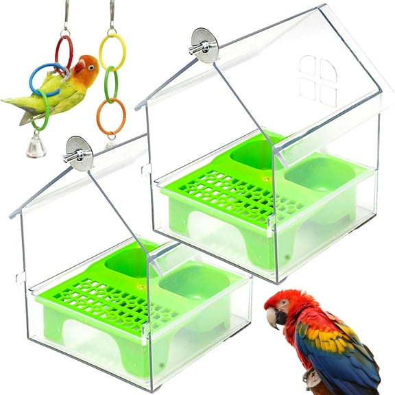 Pull-Out External Parrot Feeder, Ziveseller Long Lasting Outdoor Use Parrot Feeder, Decorative Transparent Bird Bath Tub Easy to Fill, Birds Cage Accessories for Wooden and Iron Cages (Green, 2pcs)