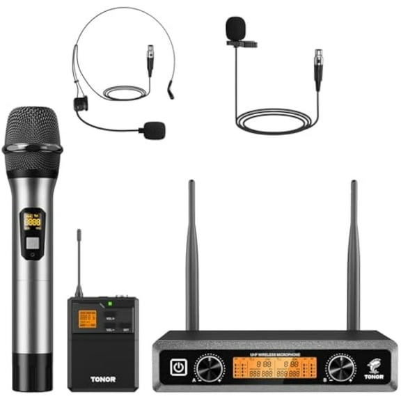 TONOR Wireless Microphones System with Metal UHF Headset/Lapel/Lavalier/HandheldMics, Cordless Bodypack Transmitter, Receiver for Karaoke Church Singing Party PA DJ Speaker, 2*15 Channels 200ft Range