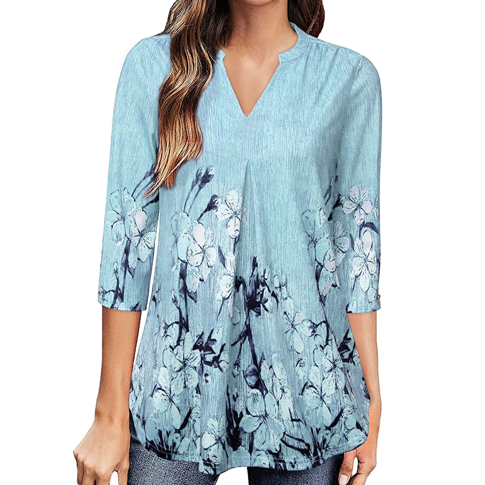 RQYYD Womens Floral Printed Tunic Tops 3/4 Sleeve V Neck Blouses Casual