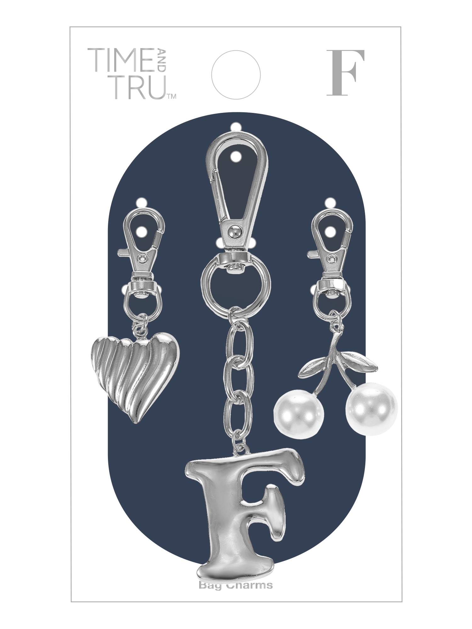 Time and Tru Silvertone Initial Letter Bag Charm Set, 3 Pieces, Letter F
