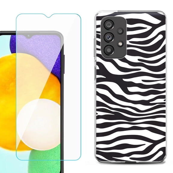Slim-Fit Gel TPU Phone Case for Samsung Galaxy A23 5G, with Tempered Glass Screen Protector, by OneToughShield ® - Zebra B/W