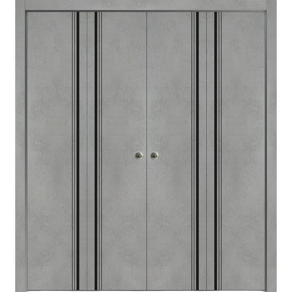 Sliding Closet Double Bi-fold Doors | Planum 0011 Concrete with Frosted Glass | Sturdy Tracks Moldings Trims Hardware Set | Wood Solid Bedroom Wardrobe Doors