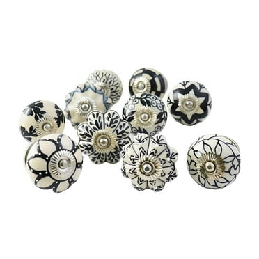 Ajuny Set of 10 Ceramic Knobs Black White for Door Handle Dresser Drawers Kitchen Cabinet Chest Hand Painted Cupboard Pull Knob
