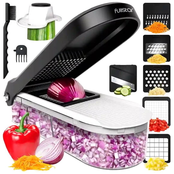 Hachoir à Légumes, Coupeur Mandoline, Trancheuse, Râpe à Fromage - Hachoir pour Aliments, Oignons, Salade, Légumes avec Contenant - Coupe-Frites, Coupe-Pommes de Terre, Trancheuse, Coupeur - Outils et Gadgets de Cuisine (6-en-1 Com