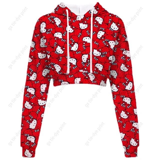 Hello Kitty Chandail en Molleton Court à Manches Longues pour Femmes, Motif, Chandail Noir, Chandail à Capuchon de Mode pour Femmes