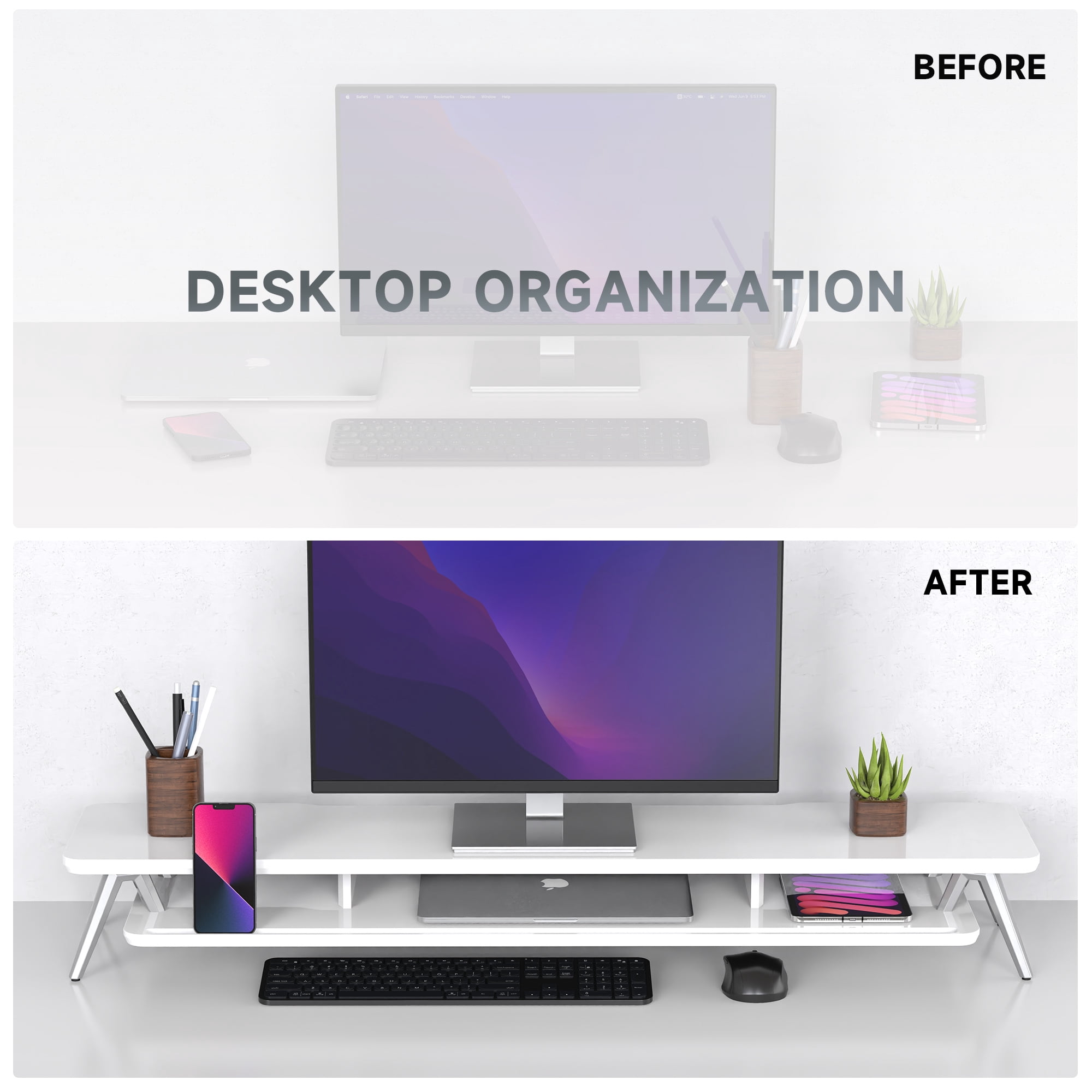 Dual Monitor Stand, 42.5 Inch Wood Desk Shelf with Storage Organizer and Cable Management for Office Desk Accessories