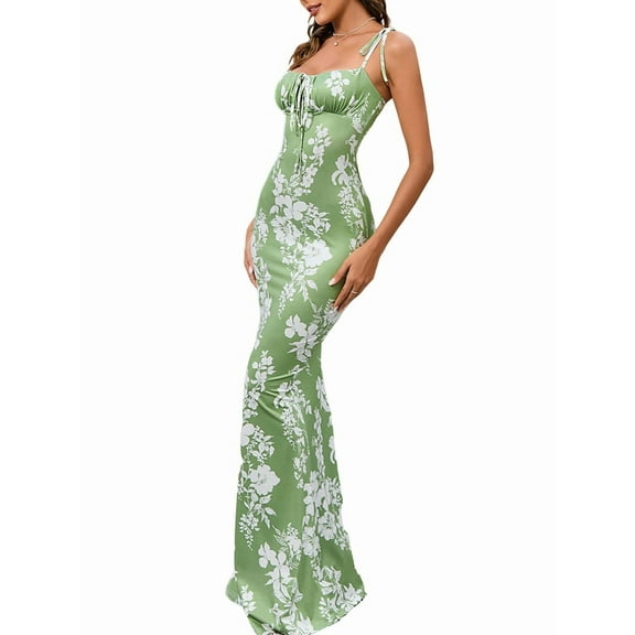 Women'S Summer Floral Bodycon Maxi Dress Spaghetti Strap Sleeveless Bohemian Maxi Dress Green L