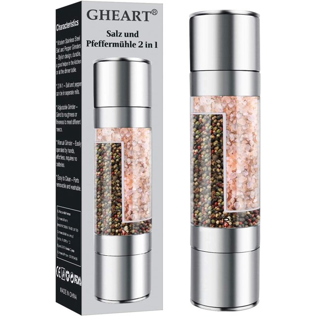 Pepper Mill, Manual Salt Mill, 2 in 1 Spice Mills, Adjustable Grain Size, Pepper and Salt Shaker, Brushed Steel Salt and Pepper Grinder with Built-in Ceramic Ormromra WMJ-0159