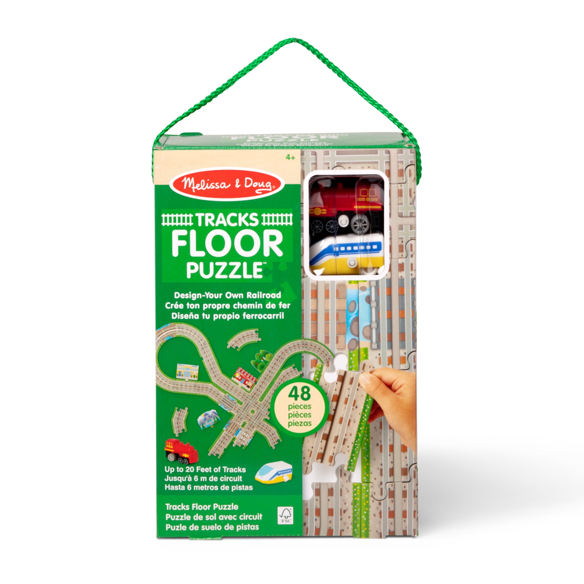 Melissa & Doug Crée ton propre chemin de fer, Puzzle de sol de 48 pièces avec 2 trains à remonter et des décors interchangeables, pour filles et garçons d'âge préscolaire à partir de 4 ans