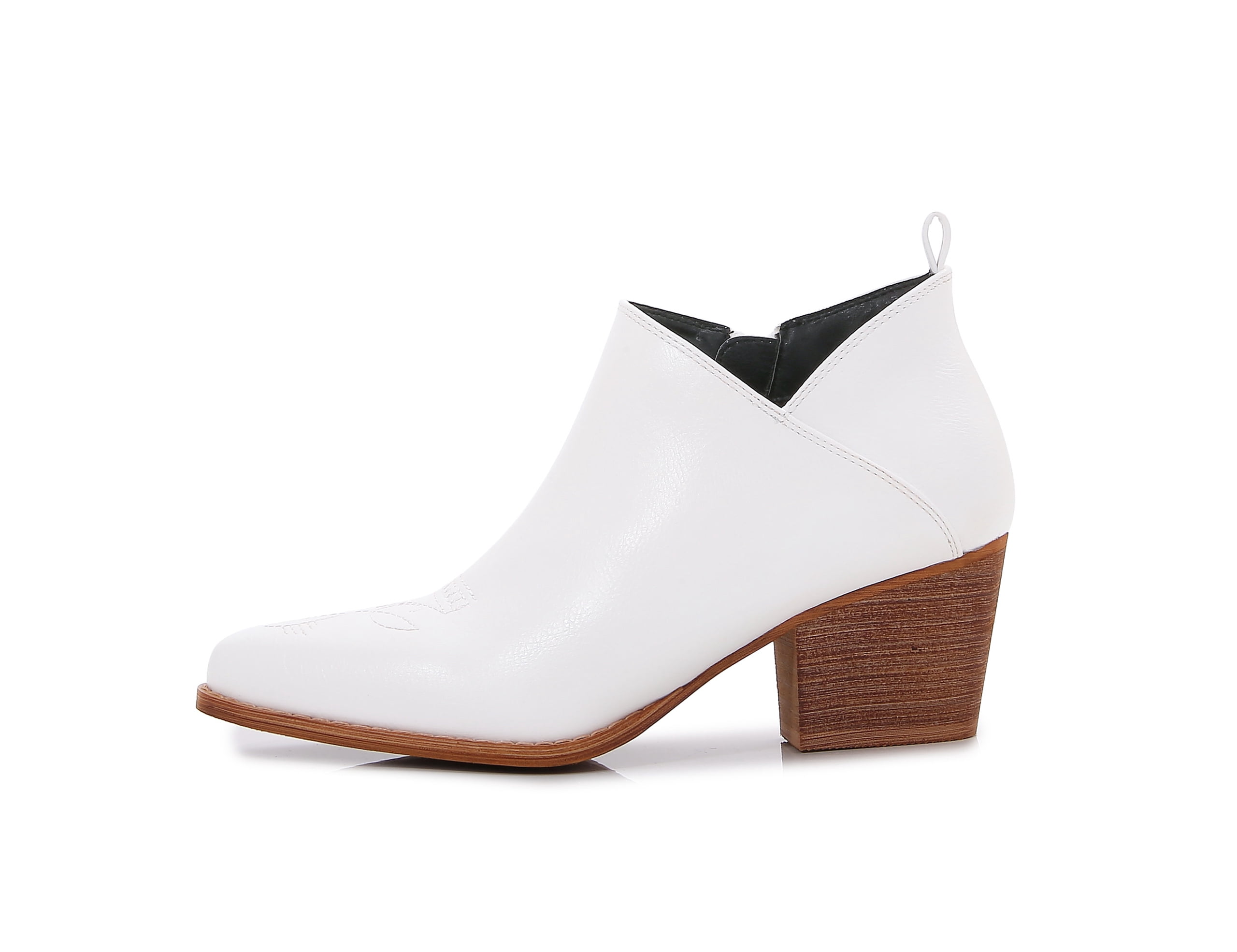 MM Women's embroidered Polyurethane Leather Wooden Heel Zippered Fashion Ankle Boots (White, 11)