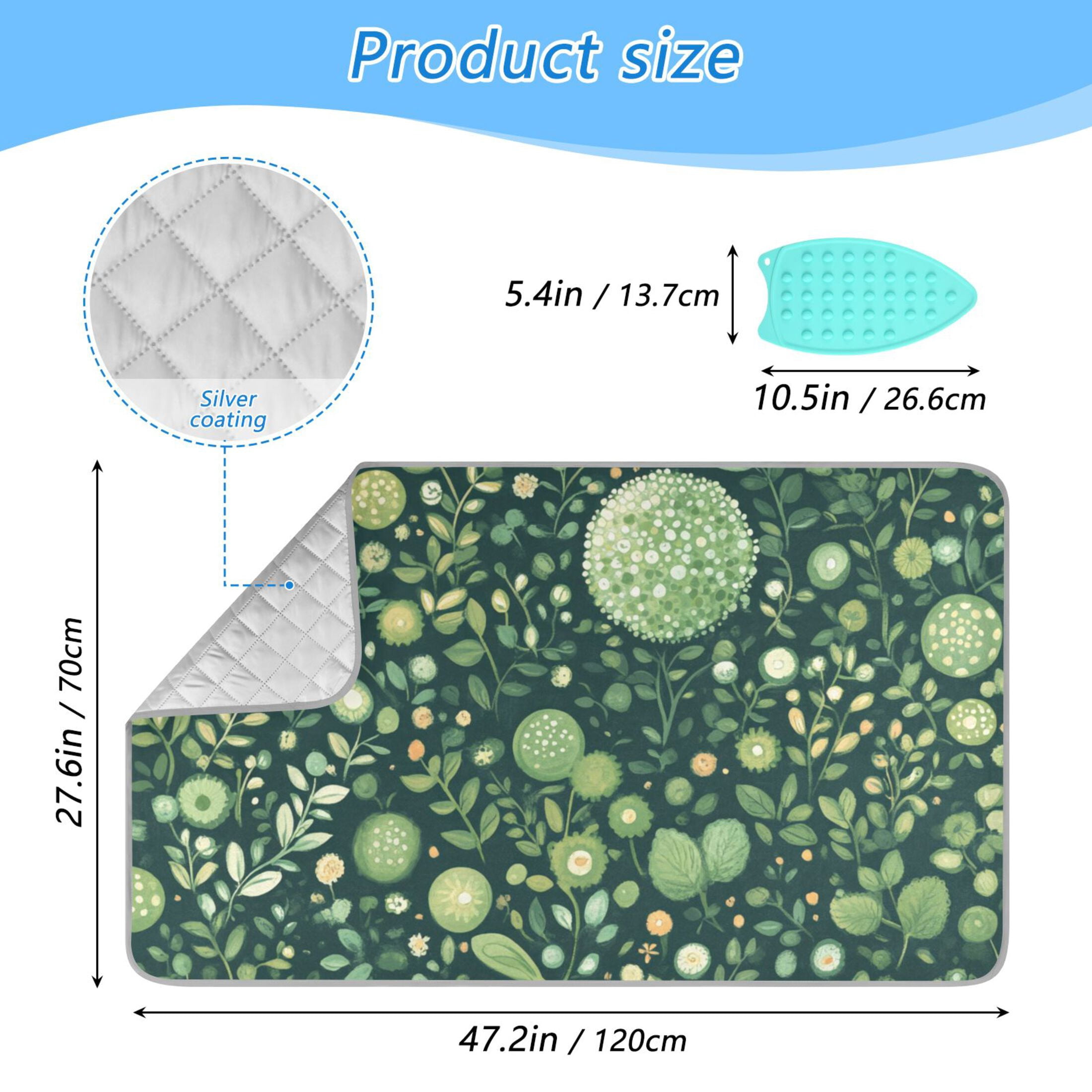 Green Floral Fabric Ironing Mat Blanket for Table Top Travel Portable Ironing Board Pad 47.2x27.6 Inch