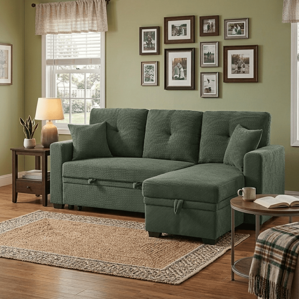 Howcool Sectional Sleeper Sofa with Pull-Out Bed,Reversible Storage Chaise,L-Shaped Convertible Couch for Small Living Room,Dark Green,Coffee Bean