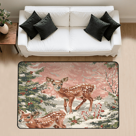 CURLYOOT Reindeer Winter Snow Area Rug 3x5 Ft Rugs for Entryway Entrance Kitchen, Washable Non Slip Indoor Floor Carpet for Bedroom Living Room
