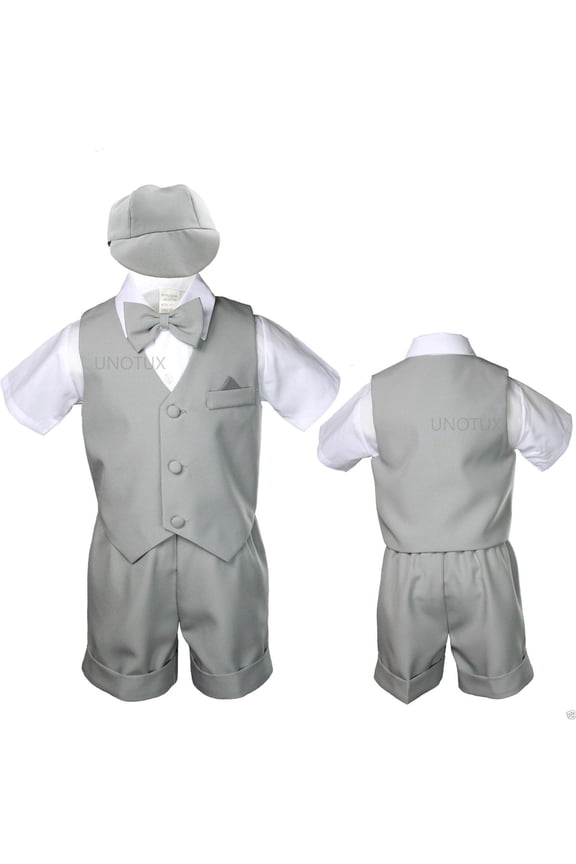 Silver Baby Infant Boy Toddler Formal Eton Suit Vest Set Shorts S M L XL 2T - 4T
