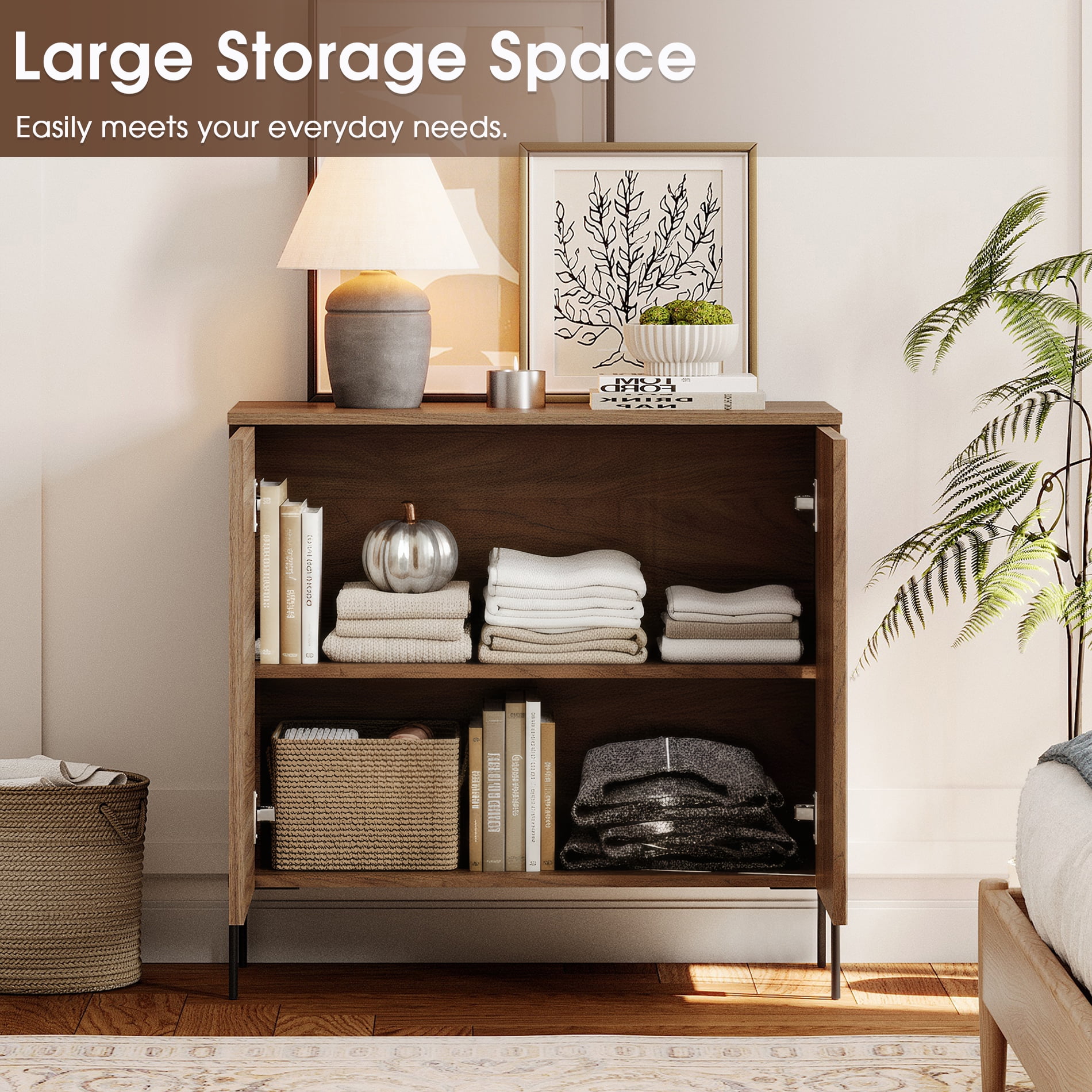 31.5" Modern Wood Reeded Dresser with Doors, Minimalist Dresser Organizer Storage Cabinet for Bedroom,Living room, Entryway
