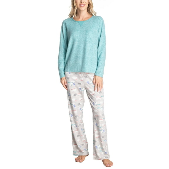 Goodnight Kiss Bear Hug 2 Thermal Fleece Pajama Set, Long Sleeve Shirt and Sleep Pants, Teal/Gray Cats, S