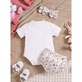thumbnail image 3 of Suealasg Infant Girl Easter 3Pcs Outfit 3M 6M 9M 12M 18M Newborn Girls Short Sleeve Letter Print Romper + Elastic Waist Flower Print Shorts + Bow Headband Baby Girl Summer Clothing, 3 of 9