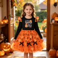 thumbnail image 2 of Girls Halloween Pumpkin Letter Print Tulle Dress Long Sleeve Flutter Shoulder Puffy Tutu Princess Dress Kids Festive Party Holiday Outfit for Daily Vacation Wear(Red2,5-6 Years), 2 of 8