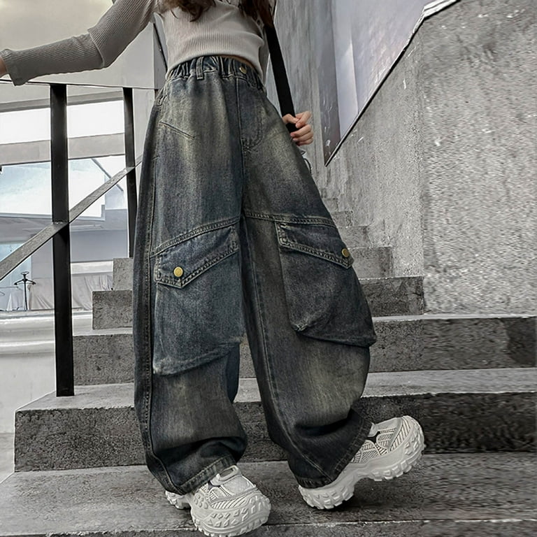 Girls Bell Bottom Jeans Cute Split Raw Hem Baggy Denim Pants