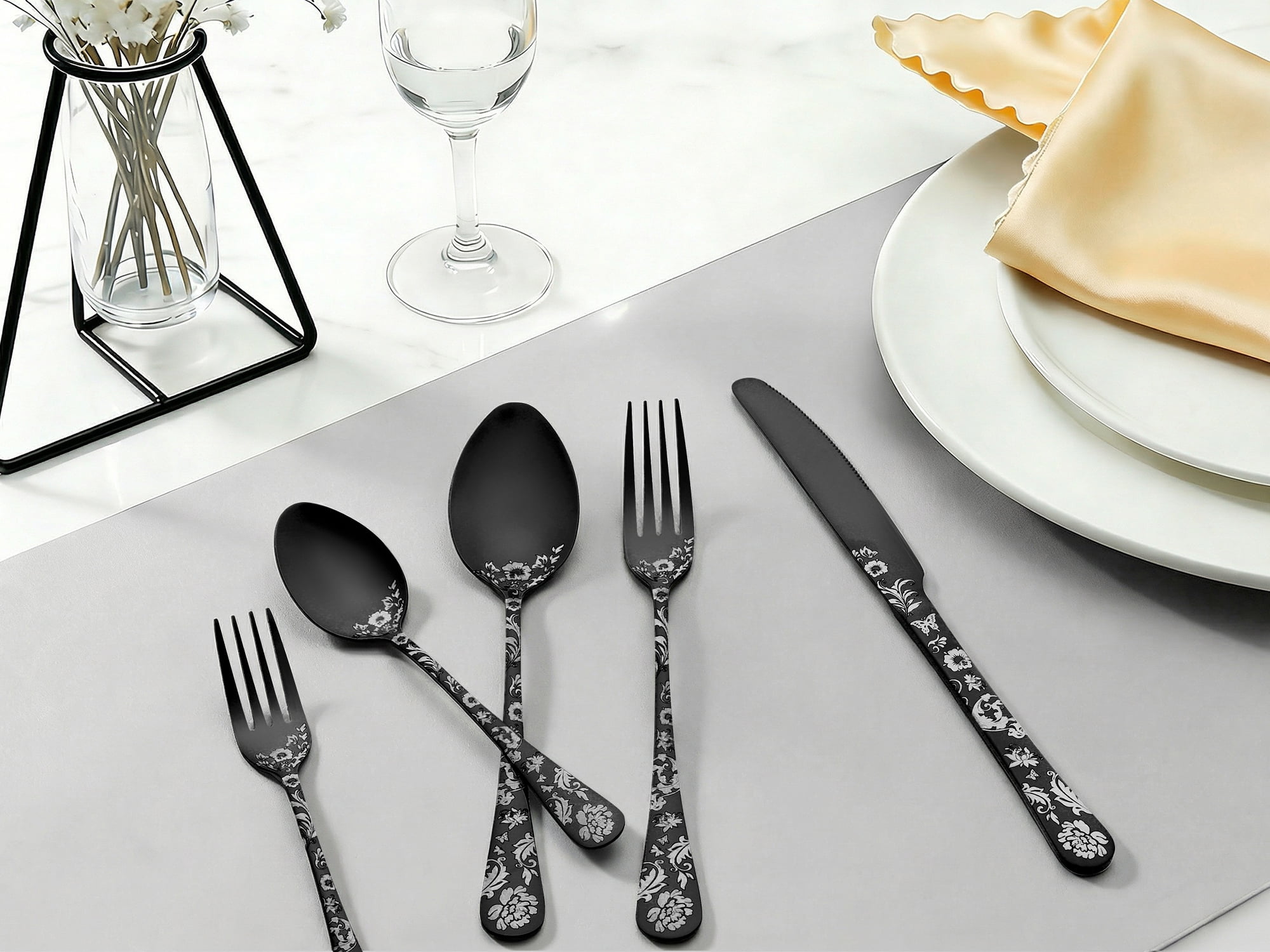 Unique Bargains 30-Pieces Floral Stainless Steel Flatware Set for 6 Black