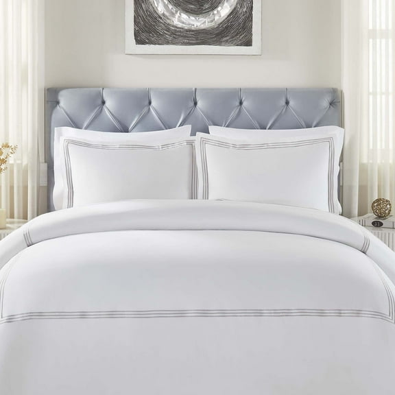 BNM Three-Line Embroidered Cotton Duvet Cover Set, King/California King, White/Silver