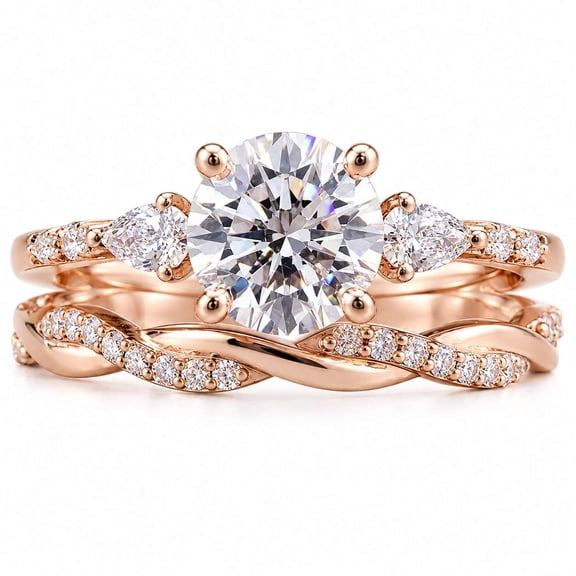 vylahjewellery Round Cut Moissanite Ring, Three Stone Engagement Ring for Women, Vintage Bridal Set Ring with Matching Band