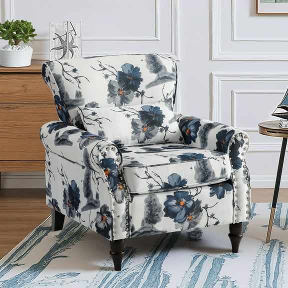 Wingback Accent Chair with Removable Pillow, High Back Floral Armchair with Solid Wood Legs & Nailhead Trim, Comfy Upholstered Reading Single Sofa Chair for Bedroom (1, Bird Floral Pattern)