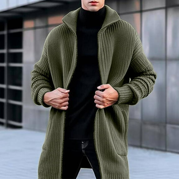 Tawop Men Jacket Knit Sweaters Long Length Solid Mens Gift,Army Green,L