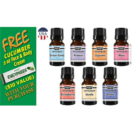 Top Fragrance Oil Gift Set  10 mL Each - Best 7 Scented Perfume Oil Set - Cotton Candy, Freesia, Frosted Cupcake, Rose, Violet, Vanilla & Strawberry - by