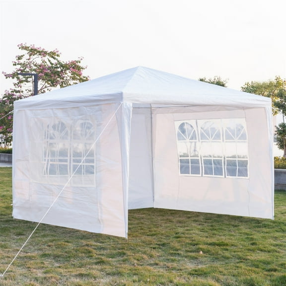 10"x10" Outdoor Canopy Tent with 3 Sidewalls, Waterproof Sun Shelter with Spiral Tubes and Windows, for Wedding, Birthday, Pavilion, Beach, BBQ, White