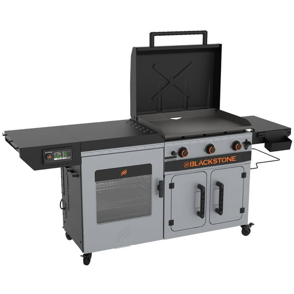 Blackstone Bronco 3-Burner 28" XL 3-in-1 Propane Griddle, Vertical Smoker Pellet Grill, and Prep Cart Combo