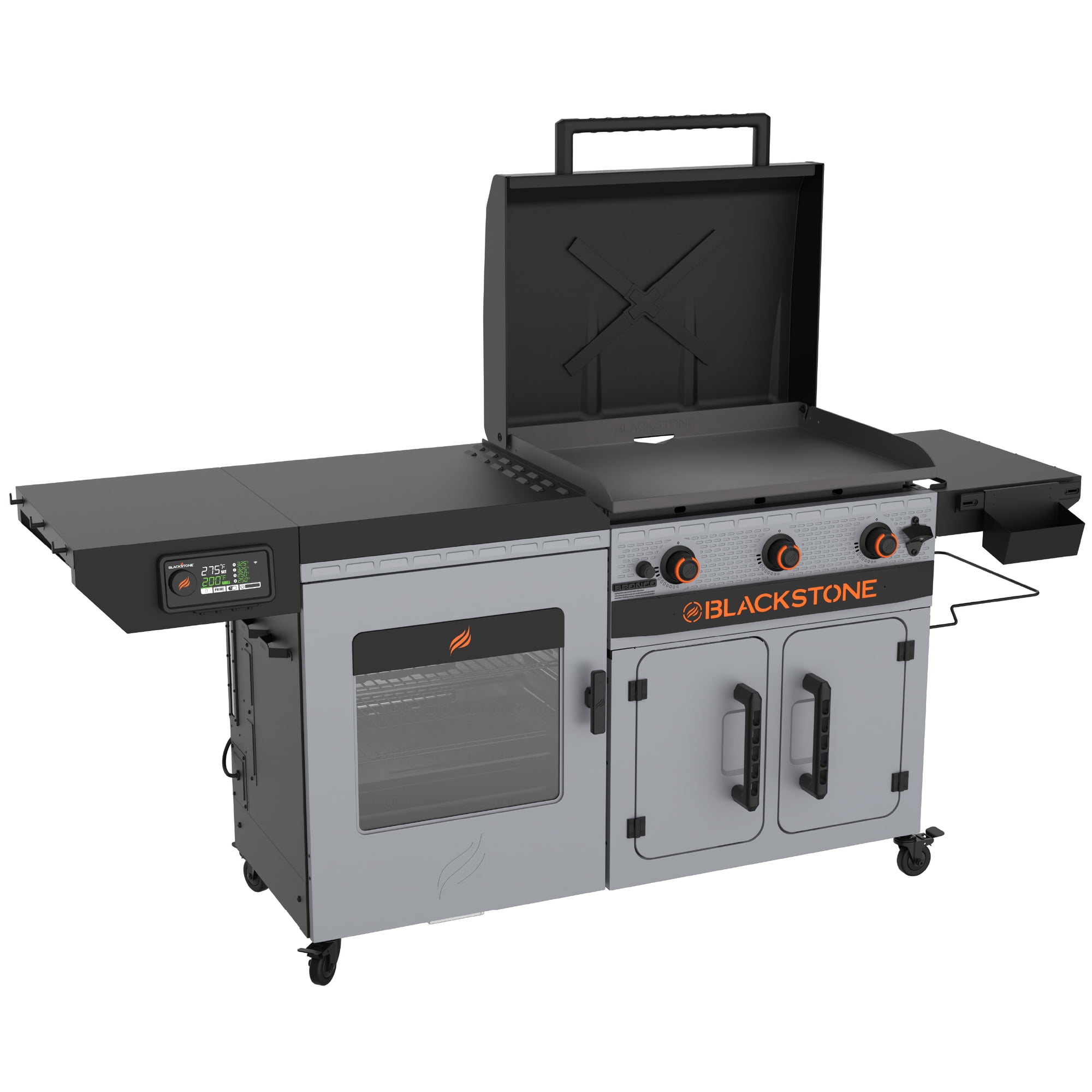 Blackstone Bronco Outdoor Combo Griddle, 28 Inch XL 3-Burner Flat Top Grill with Vertical Smoker and Prep Cart