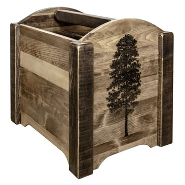 Homestead Collection Magazine Rack w/ Laser Engraved Pine Design, Stain & Clear Lacquer Finish