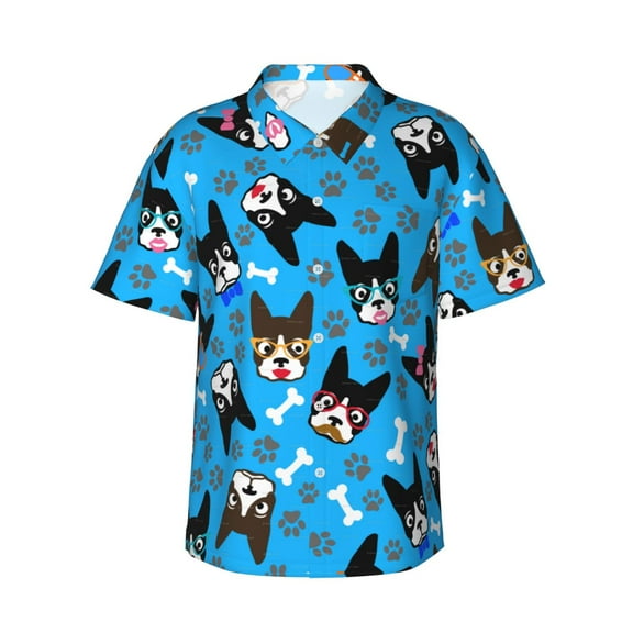 Boston Terrier Dog Hawaiian Shirts For Men, Summer Short-Sleeve Relaxed-Fit Button-Down Shirts Small