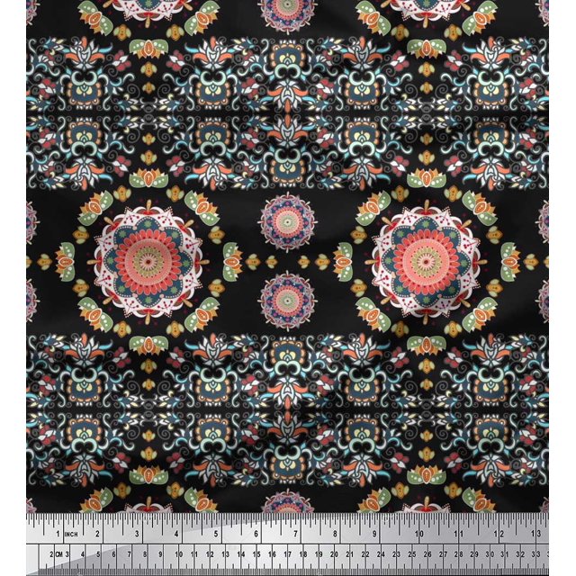 Soimoi Polyester Crepe Fabric Floral Mandala Print Sewing Fabric Yard 52 Inch Wide