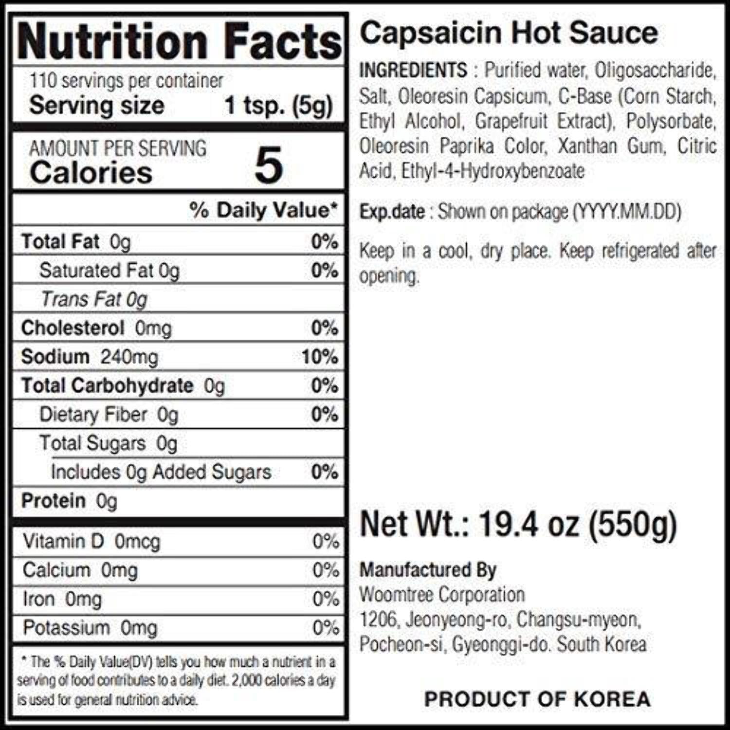 Woomtree Hot Sauce Capsaicin Oil, 19.4 oz - Bottle | Made in Korea |