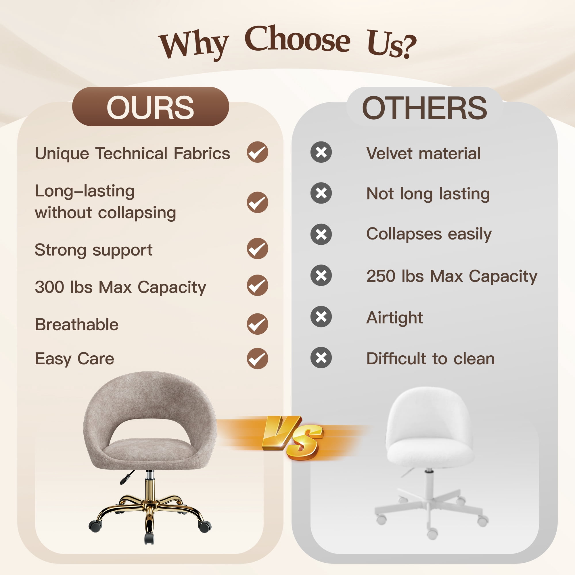 COOLHUT Home Office Desk Chairs, Adjustable Swivel Vanity Chair, Modern Makeup Vanity Chairs, Rolling Vanity Chair with Golden Base for Bedroom, Living Room, Computer Room, Khaki