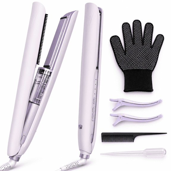 Cool Mist Flat Iron, Hair Straightener and Curler for Less Heat Damage, Ceramic Plates with Detachable Comb, 3 Heat Levels, Magnetic Water Tank, Purple