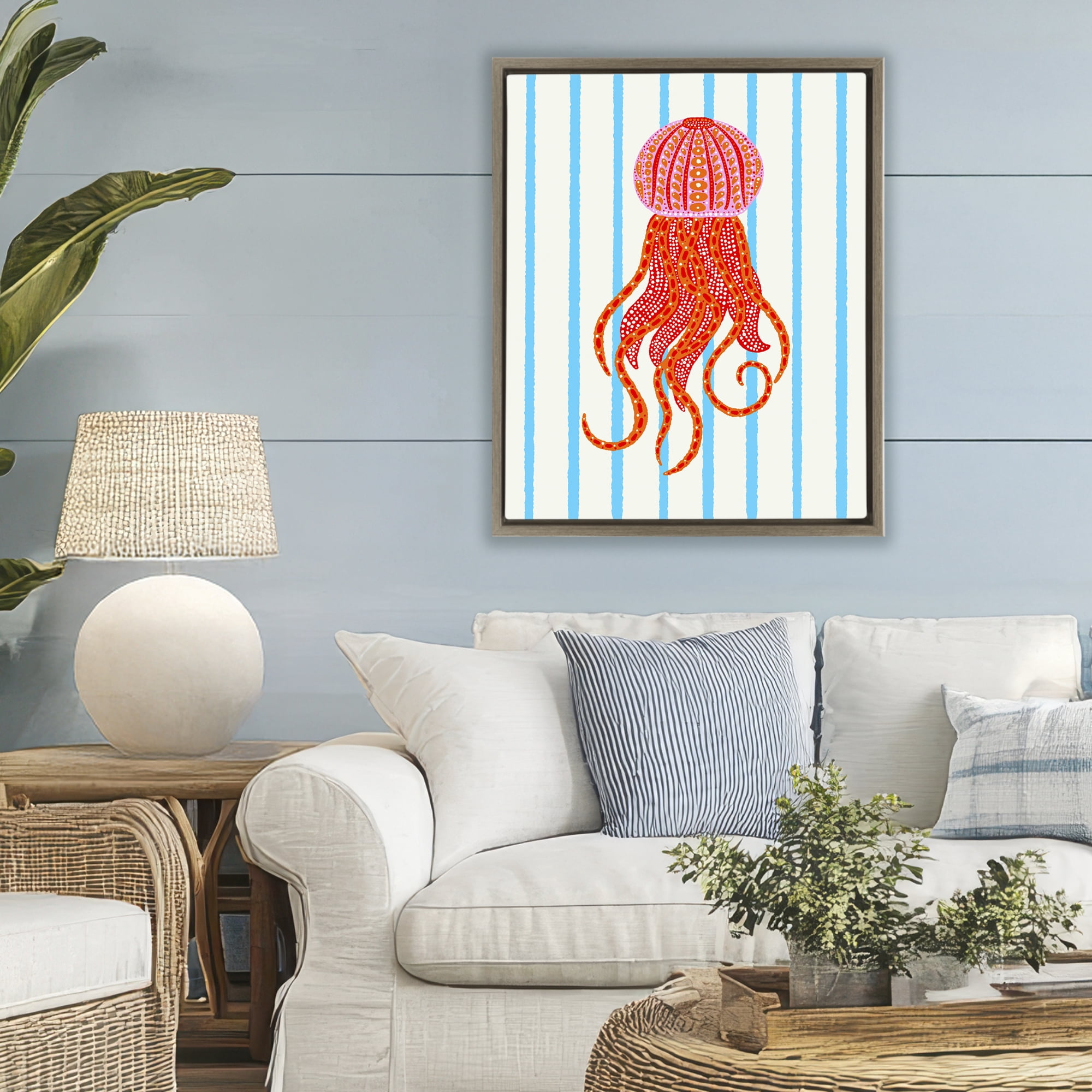 Stupell Industries Bright Aquatic Jellyfish on Stripes Brown Framed Floater Canvas Wall Art, design by Indira Prieto | IndySign
