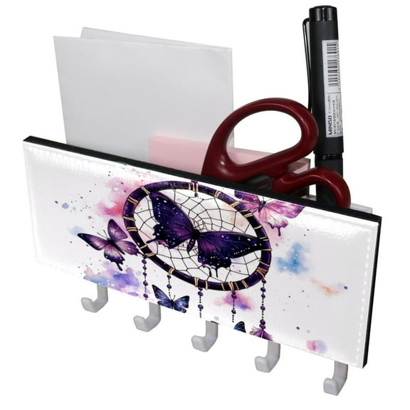 PhooArto Key Holder for Wall Decorative with 5 Key Hooks, Color Dreamcatcher Butterflies Galaxy Holders Wall Mount Organizer with Mail Key Rack, Self Adhesive