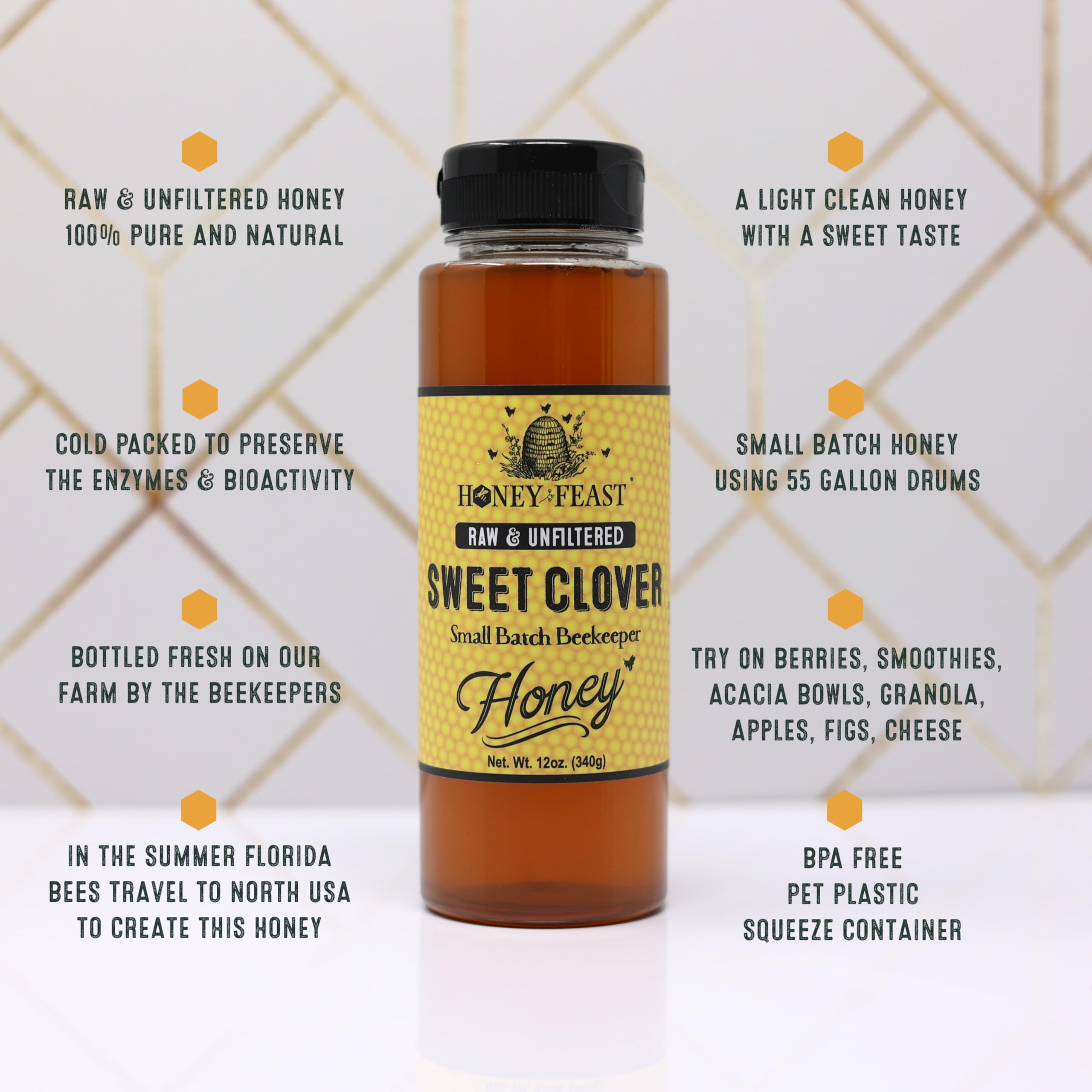 HONEY FEAST Sweet Clover Honey 12OZ Jar (Pack of 6) - Pure, Raw & Unfiltered | Authentic Honey for Connoisseurs