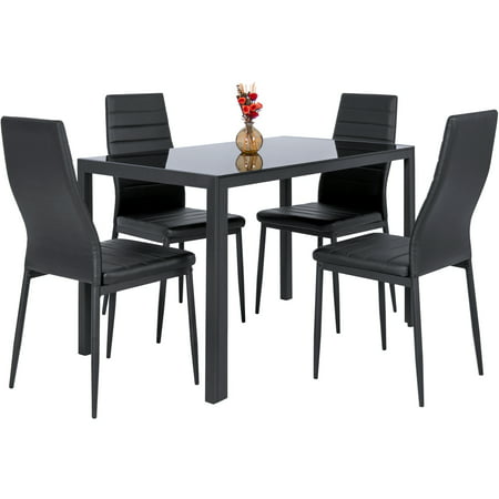 Best Choice Products 5-Piece Kitchen Dining Table Set with Glass Tabletop, 4 Faux Leather Metal Frame Chairs for Dining Room, Kitchen, Dinette, Black