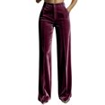 thumbnail image 3 of Womens Velvet Straight Leg Pants, High Waist Casual Trousers with Front Button Zipper & Pockets, Business Casual Office Daily Wear | VerBelle,Hot Pink M, 3 of 8