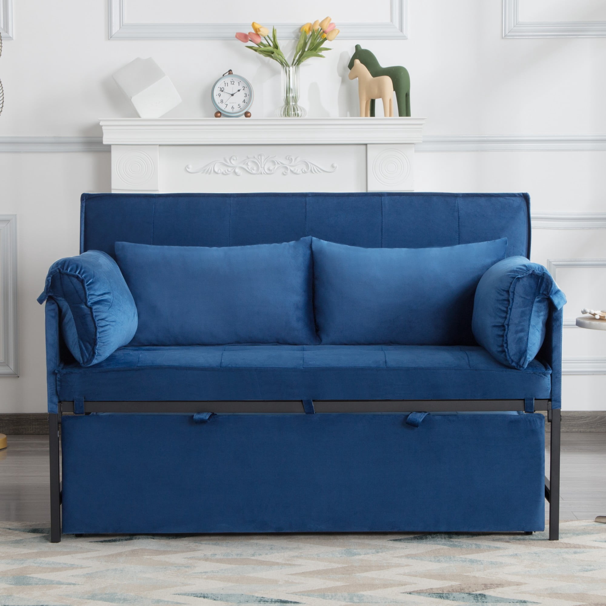 BSHTI 46" Velvet Pull-Out Sleeper Sofa Bed with Adjustable Back, 2 Pillows, Metal Frame for Living Room/Bedroom（Navy Blue）